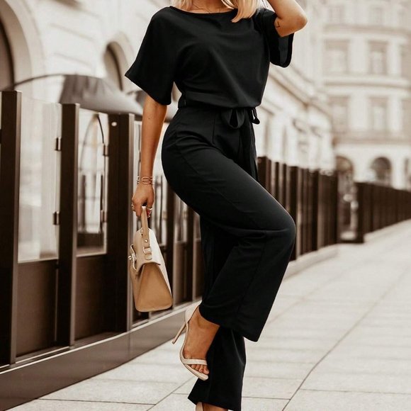 . Pants - Black Preppy Womens Solid Batwing Sleeve Belted Jumpsuit